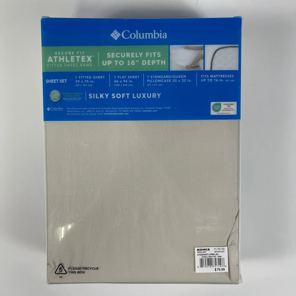 Columbia Silky Soft Luxury Twin Sheet Set Lyocell Blend Beige Khaki 16in Deep